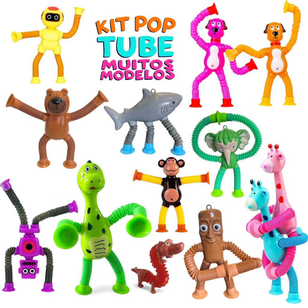 Kit 2 ou 4 Pop Tubo Tube Estica e Gruda Girafa Brinquedo Ventosa Infantil com Led Luz