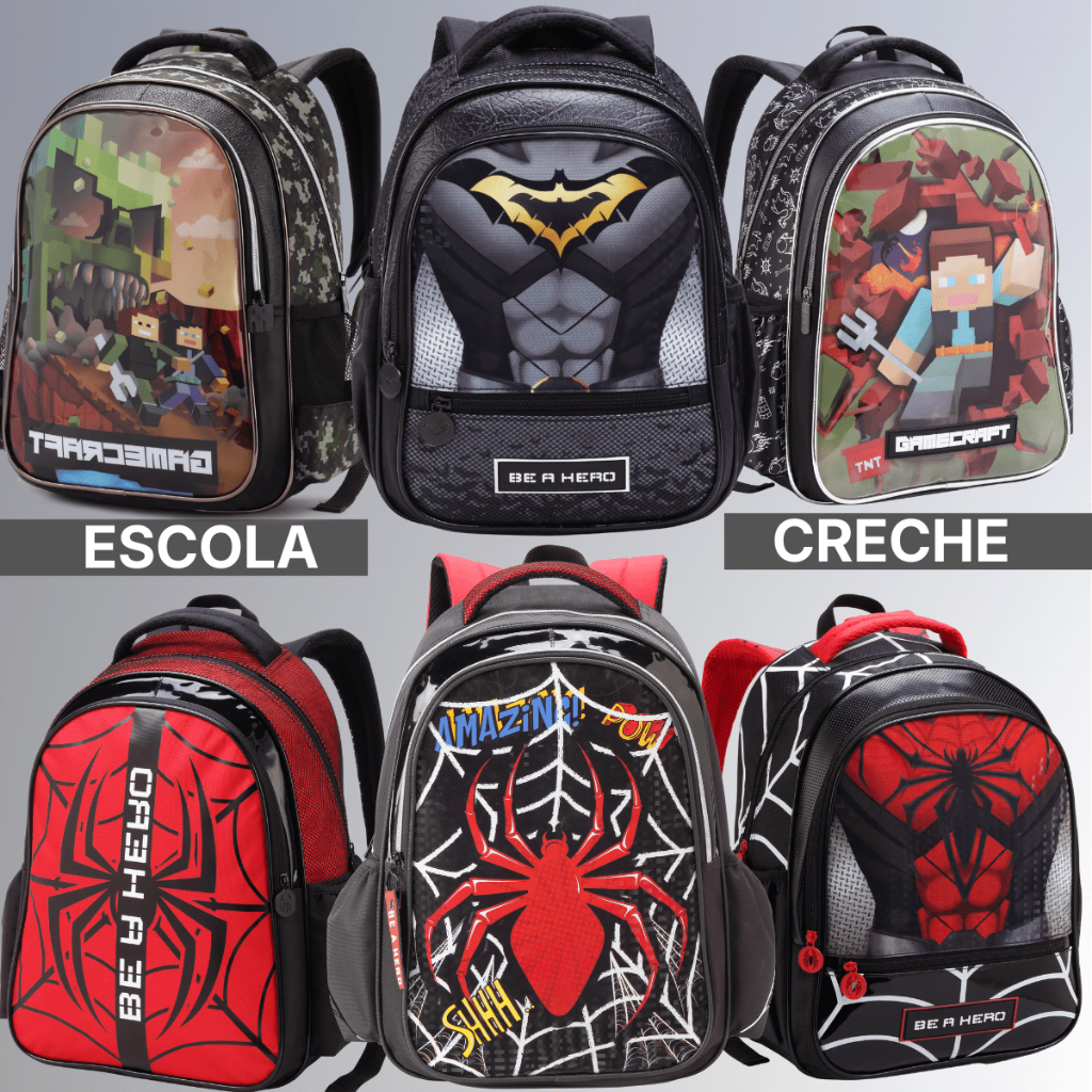 Mochila Escolar Infantil Menino Homem Aranha Minecraft Bolsa de Costas Grande Masculina Criança
