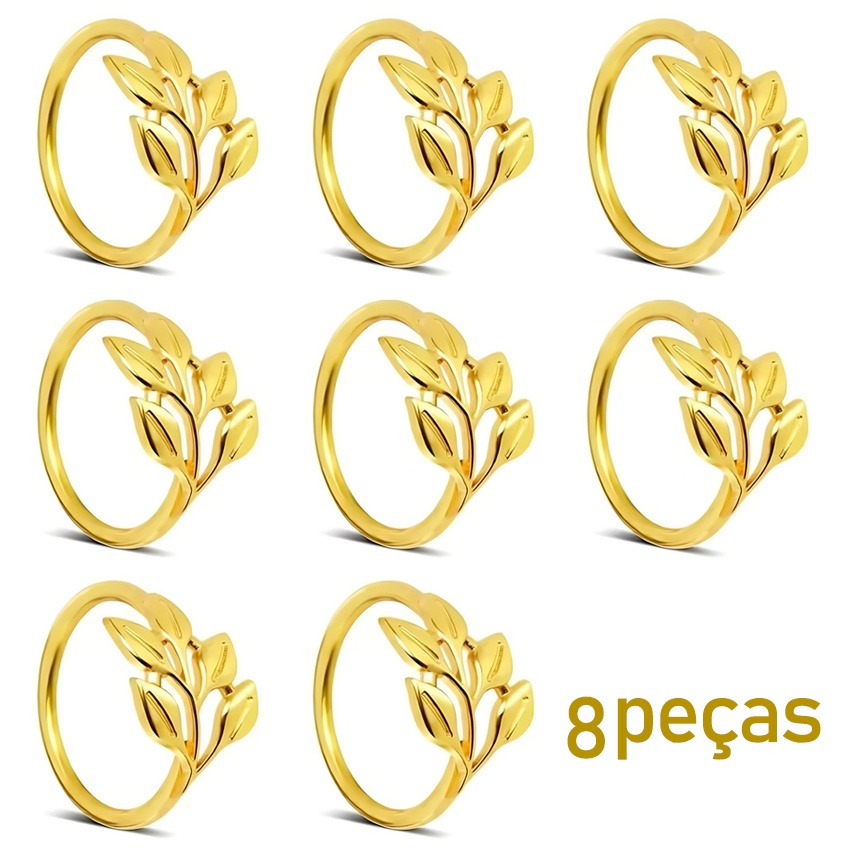 Kit 6 porta guardanapos - anéis de guardanapos de metal Folhas /  ramos dourado