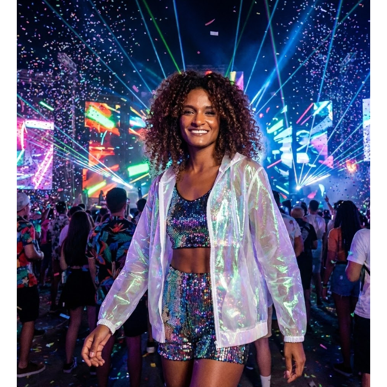 Jaqueta Feminina Corta Vento Moda Holográfica Moderna Modelo Com Capuz Qualidade Moda Festival Rave