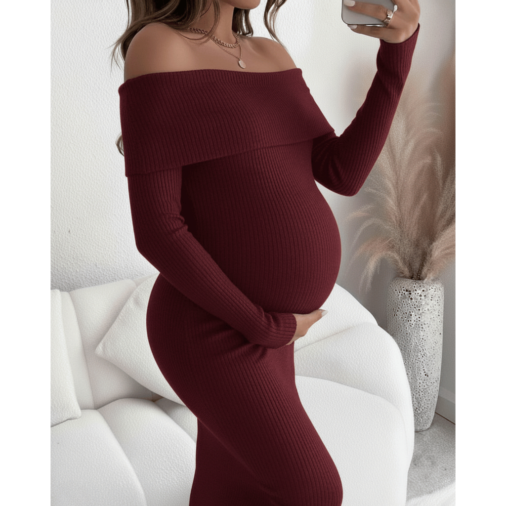 Vestido Gestante Longo Casual Canelado Ombro A Ombro De Frio Elegante Maternidade Inverno Ciganinha