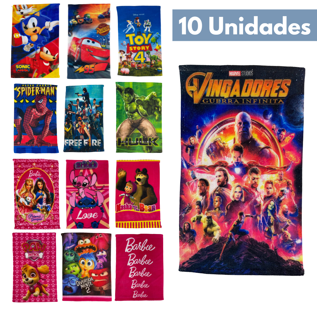 Kit 10 Toalhas Lavabo Escolar Infantil Boca e Mão Personagens 28x42