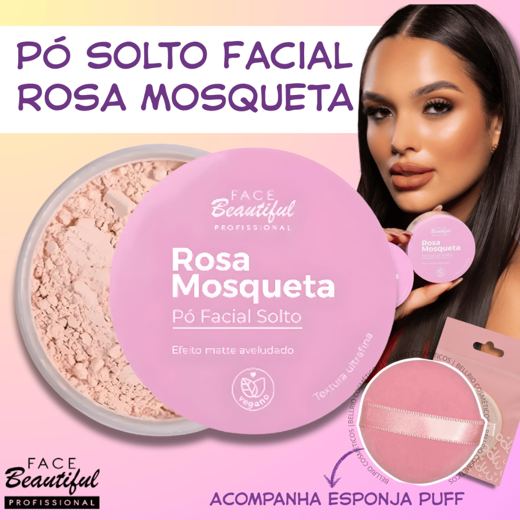 Pó Solto Facial Rosa Mosqueta com Esponja Puff Maquiagem Face Beautiful 10g