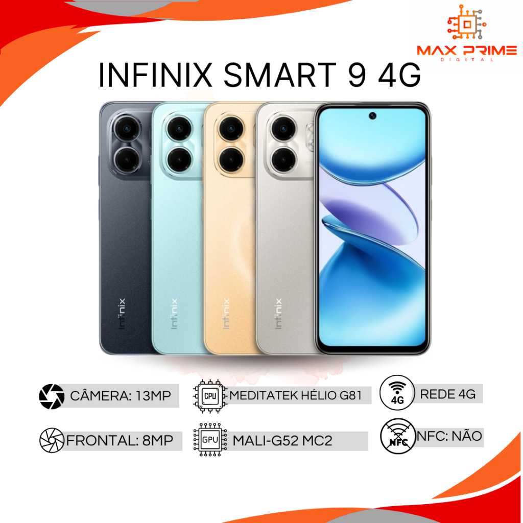 Infinix Smart 9 ou Infinix Smart 10 de 128GB 4GB RAM, Processador Mediatek Hélio G81, Bateria 5000MAH, Versão global
