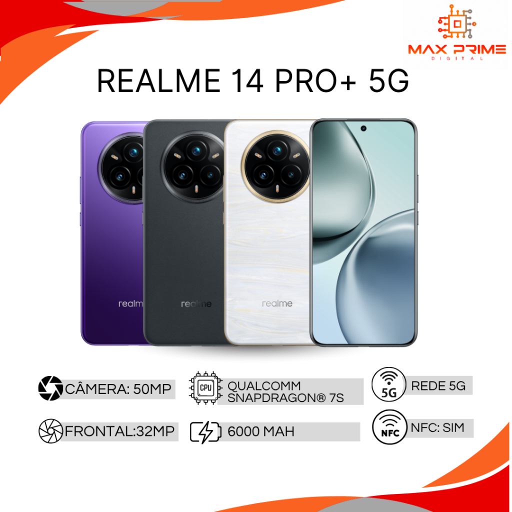 realme 14 PRO+ 5G 512GB e 256GB + 12GB RAM,Câmera 50MP, Processador  Qualcomm Snapdragon 7s , Versão Global
