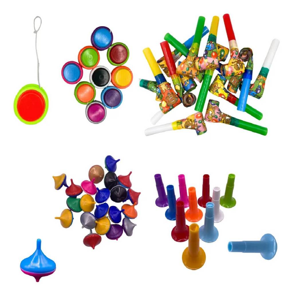 Kit 100 Mini Brinquedos IOIO CORNETA LINGUA PIÂO Lembrancinha Sacolinha Surpresa Aniversário Festa