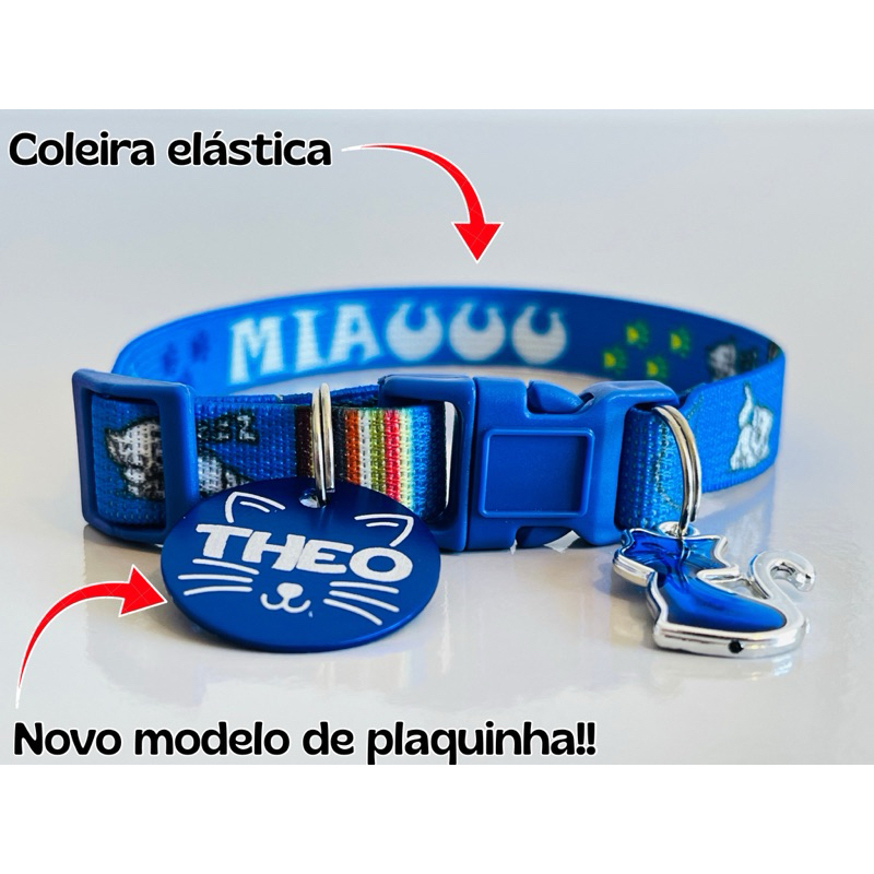 Coleira para gato elástica anti enforcamento e placa de identificação