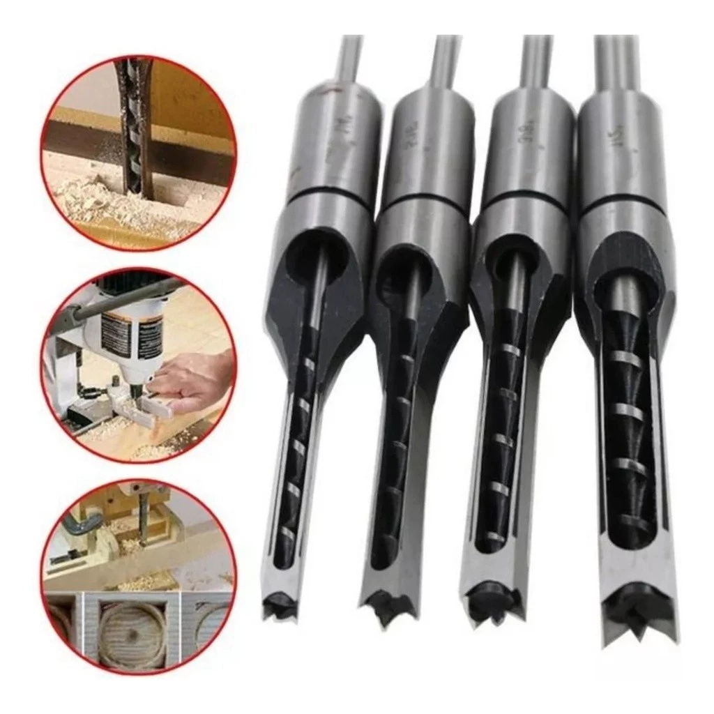 Kit com 4 Brocas para Furo Quadrado - 1/4" 5/16" 3/8" 1/2" para Furadeira de Bancada e Madeira