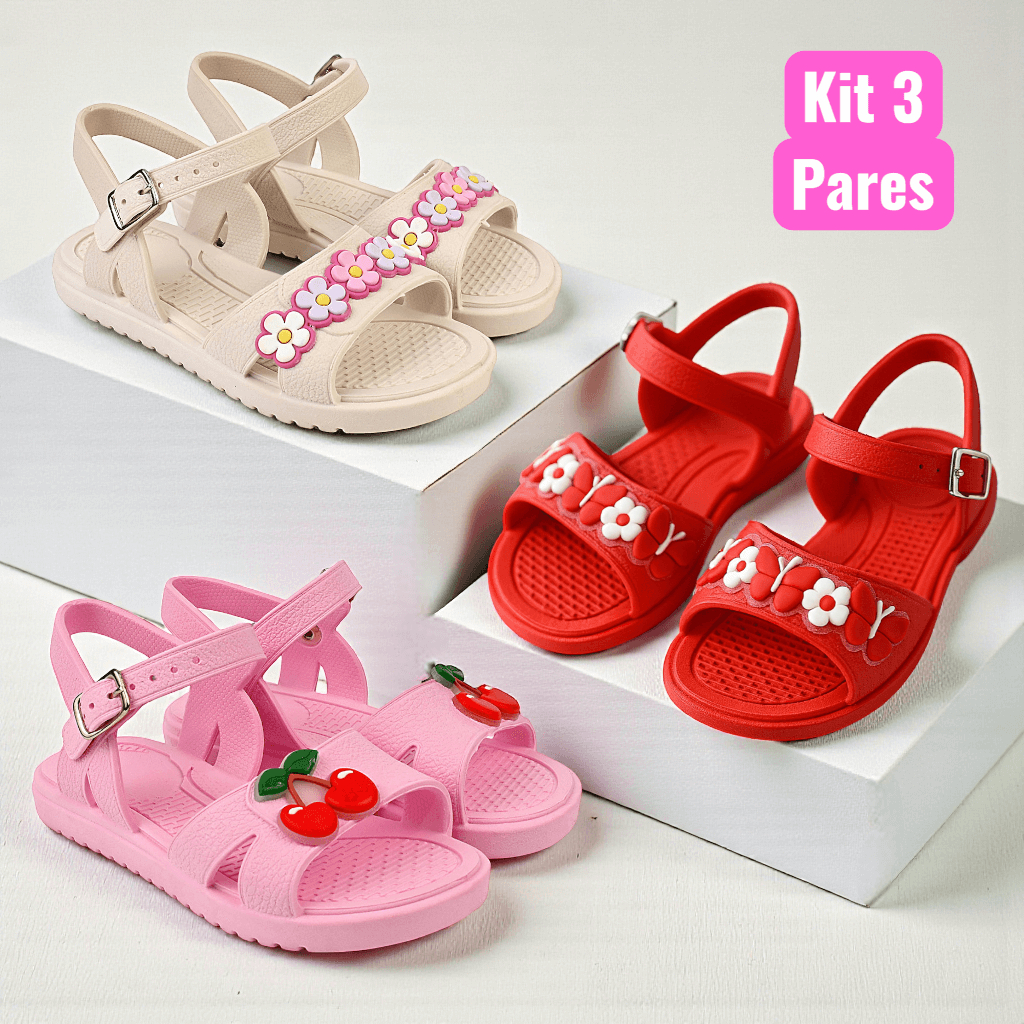 Kit 3 Pares Sandália Infantil Menina Confortável Rasteirinha Kids