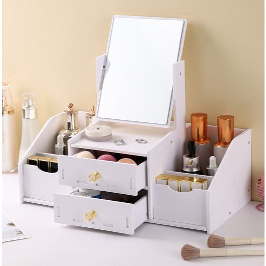 Organizador de Maquiagem Nórdico com Espelho – Super Capacidade, Gavetas Duplas, Design Premium
