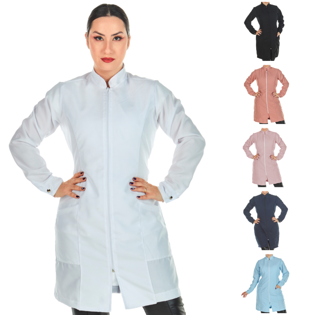 Jaleco Feminino Acinturado Oxford Manga Longa Com Zíper Gola Padre Várias Cores Estética Enfermagem
