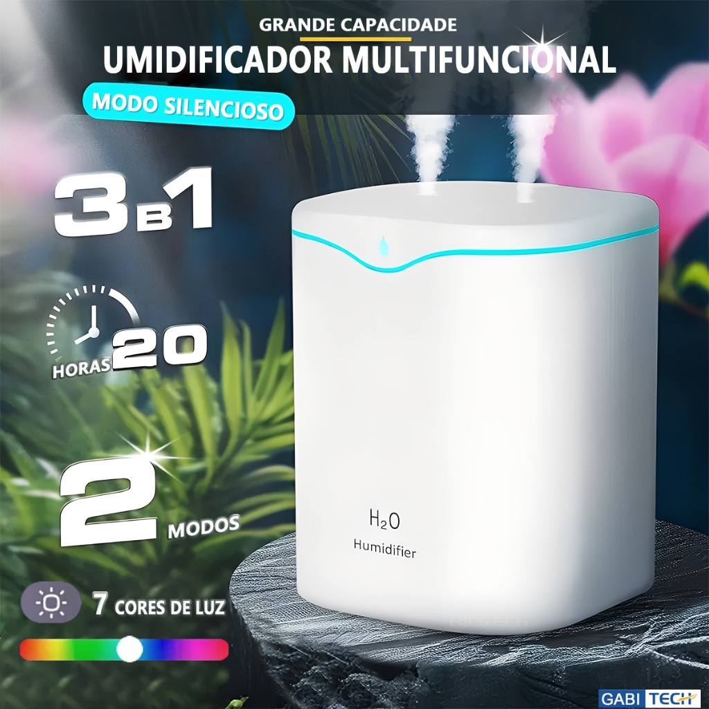 Umidificador De Ar Aromatizador Grande 2L De Ambiente Ultrassonico  Purificador Led Difusor Eletrico