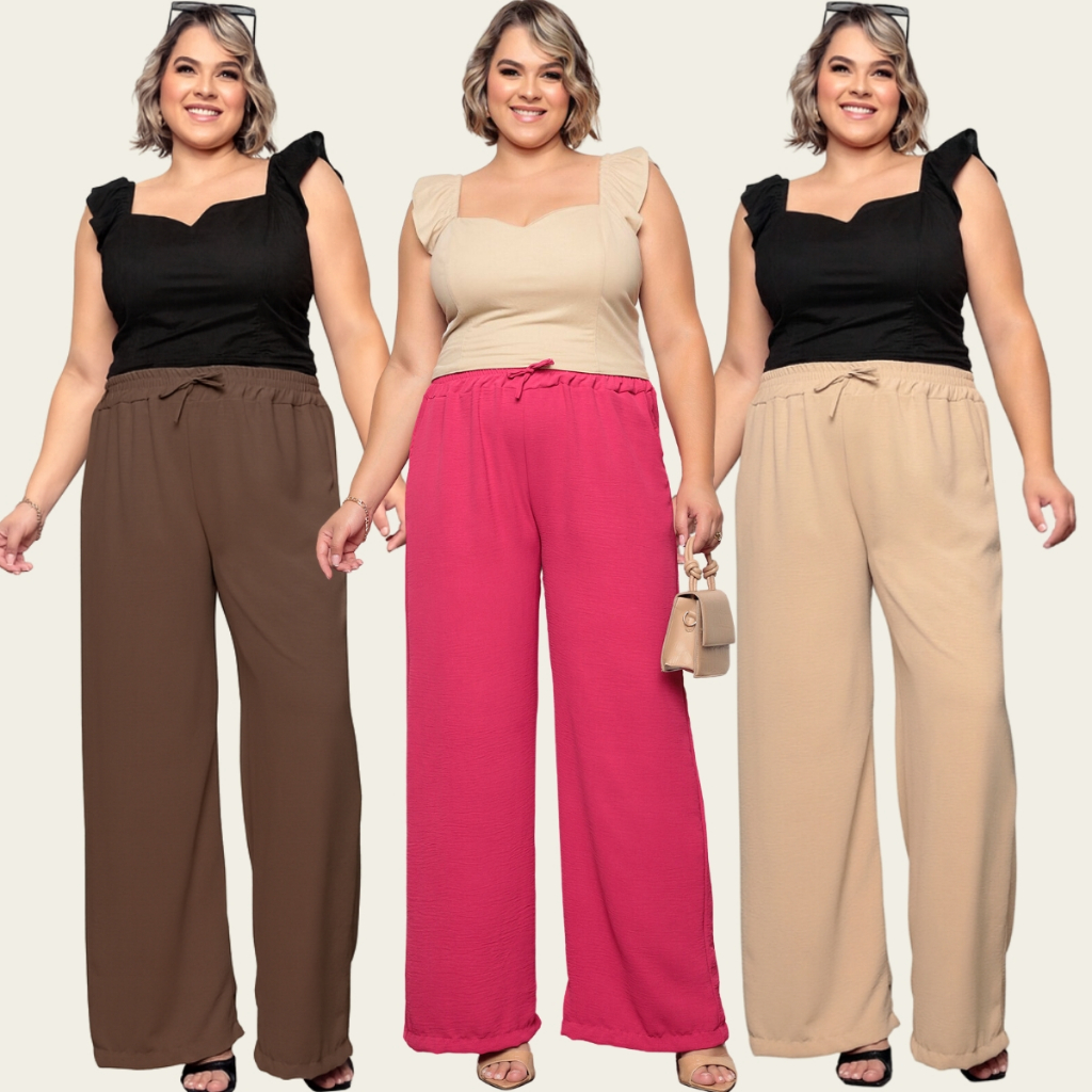 Calça Pantalona Plus Size de Amarrar Duna Com Bolso Premium