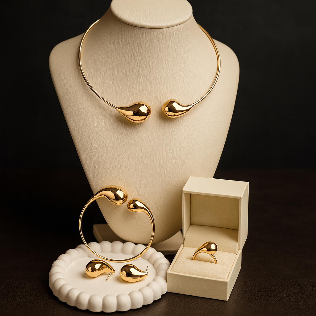 Conjunto Gota Pingo Colar Bracelete Anel Brinco Médio Dourado ou Prata Acessórios Femininos Brincos
