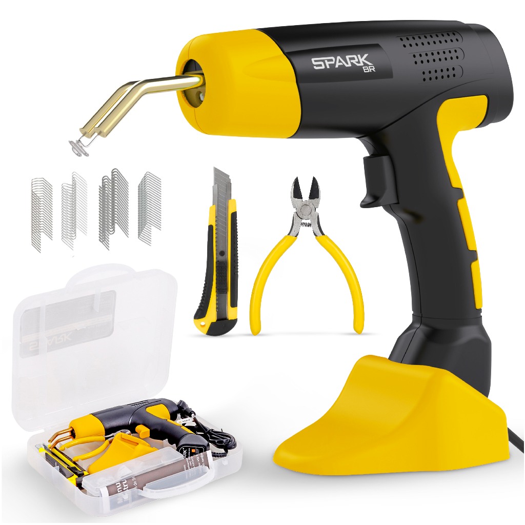 Pistola para Soldar Plásticos 200 Grampos Luz LED 4 Tipos Grampos Leve Portátil Suporte 110v 220 V Preto Maleta Spark