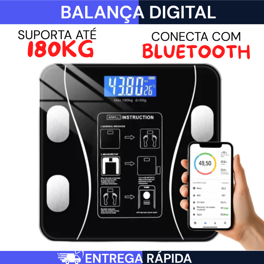 Balança Inteligente com Bioimpedância App Integrado e Capacidade de até 180kg Balança Bluetooth