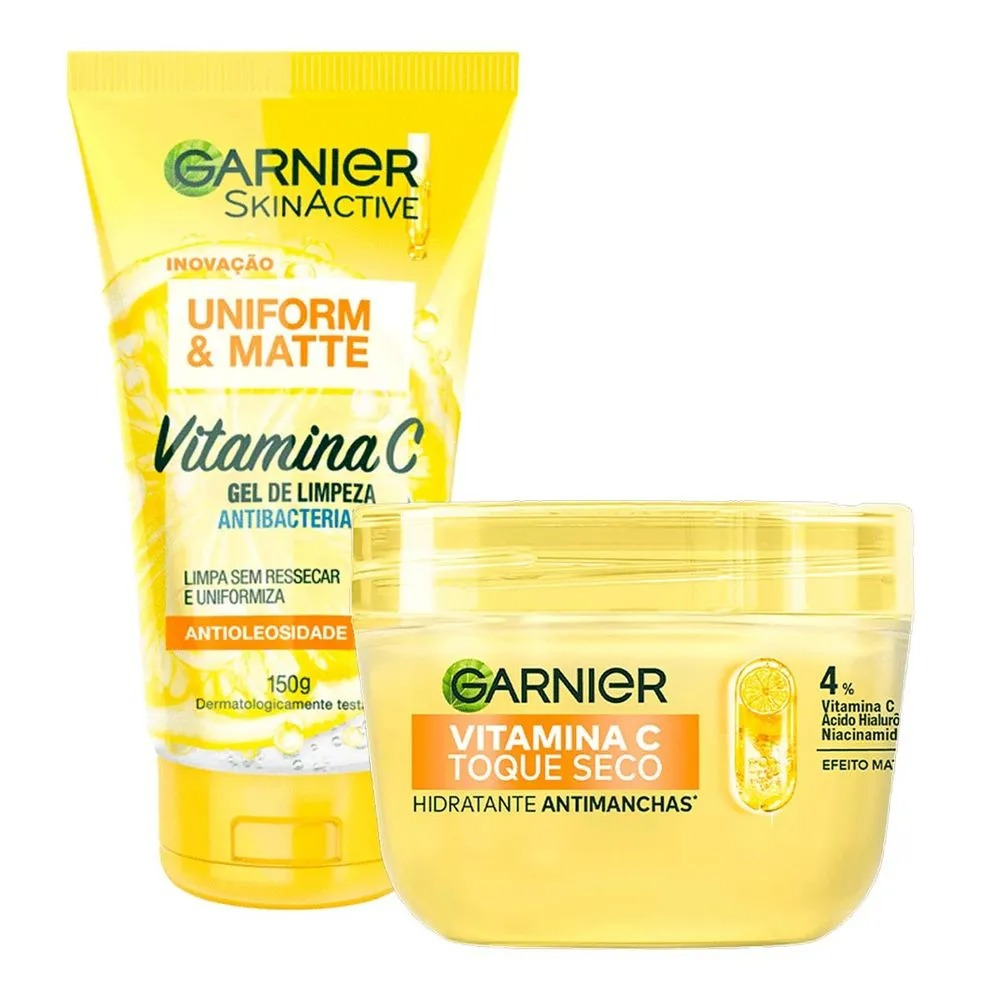 Kit Garnier Vitamina C – Gel de Limpeza 150g + Hidratante Antimanchas Toque Seco 85g Uniform & Matte