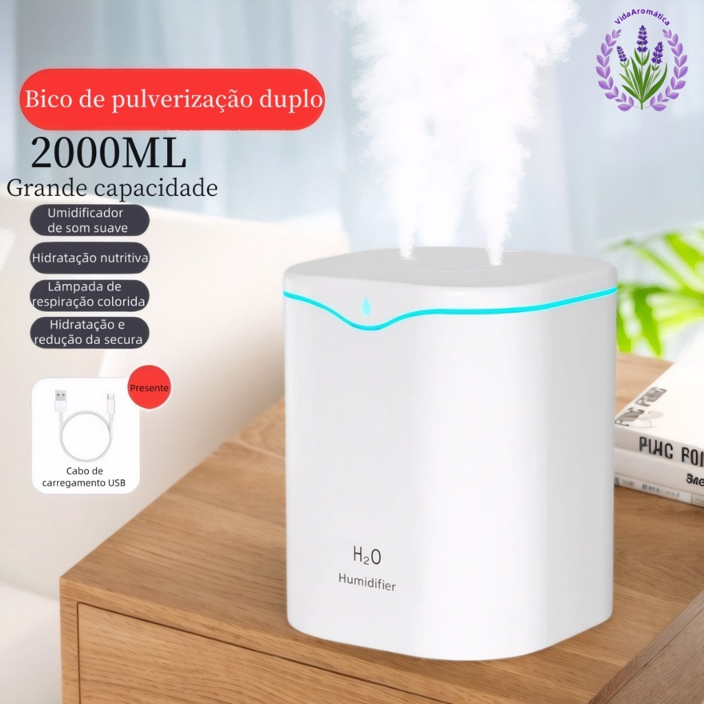 Umidificador Grande 2000ml Saída Dupla Luzes LED's Coloridas Silencioso e Neblinas Controláveis