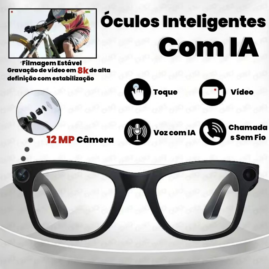 AI Óculos Inteligentes com 8K 12MP Câmera Adequado para fotos e vídeos Assistente de IA Chamada Voz