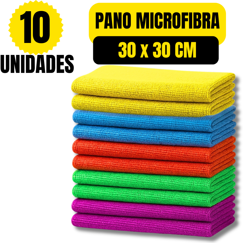 Kit 10 Panos de Limpeza Microfibra Alta Absorção Flanela Automotivo Carro Pia 30x30cm Vidro Multiuso Pano De Limpeza