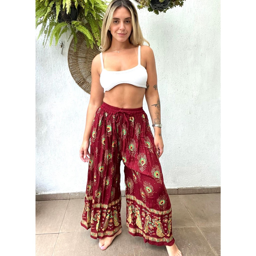 Calça Indiana Longa Pantalona Estampado Bordada Lantejoula
