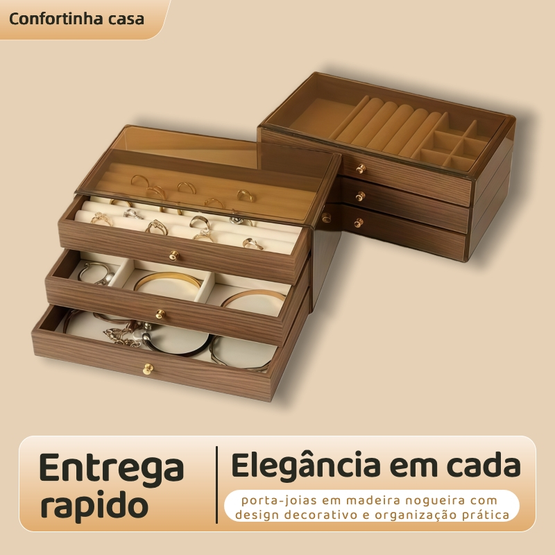 Organizador Porta-Joias de Madeira com Divisórias para Anéis e Brincos