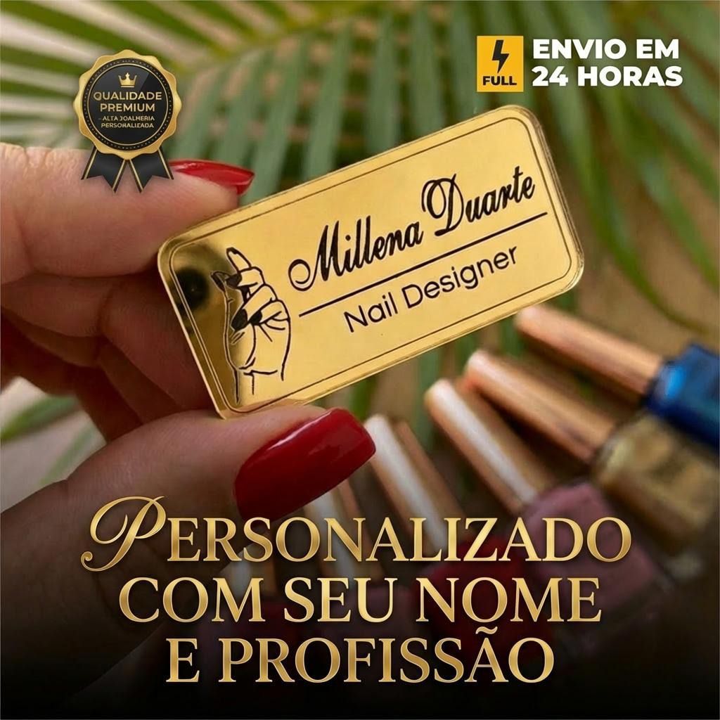 Broche/Botton Elegante Personalizado – Nome, Cargo ou Marca | Brilho de Joia em Acrílico Espelhado