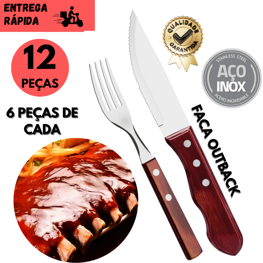Kits 4/8 ou 12 Facas Wooden Classic p/ Churrasco + Garfo com Cabo de Madeira Tradicional
