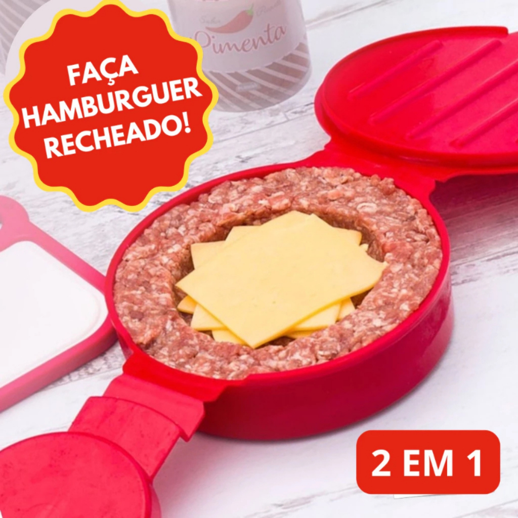 Forma Molde Para Fazer Hambúrguer Artesanal Recheado Caseiro 2 em 1 Rápido e Fácil Plasutil