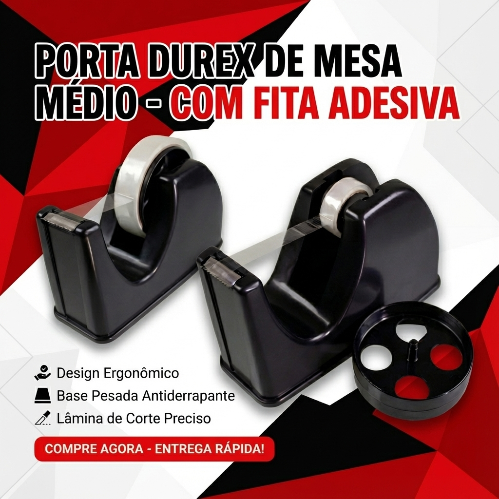 Kit Suporte Porta Durex Médio – Rosa/Preto com 2 Adaptadores e Fita Adesiva