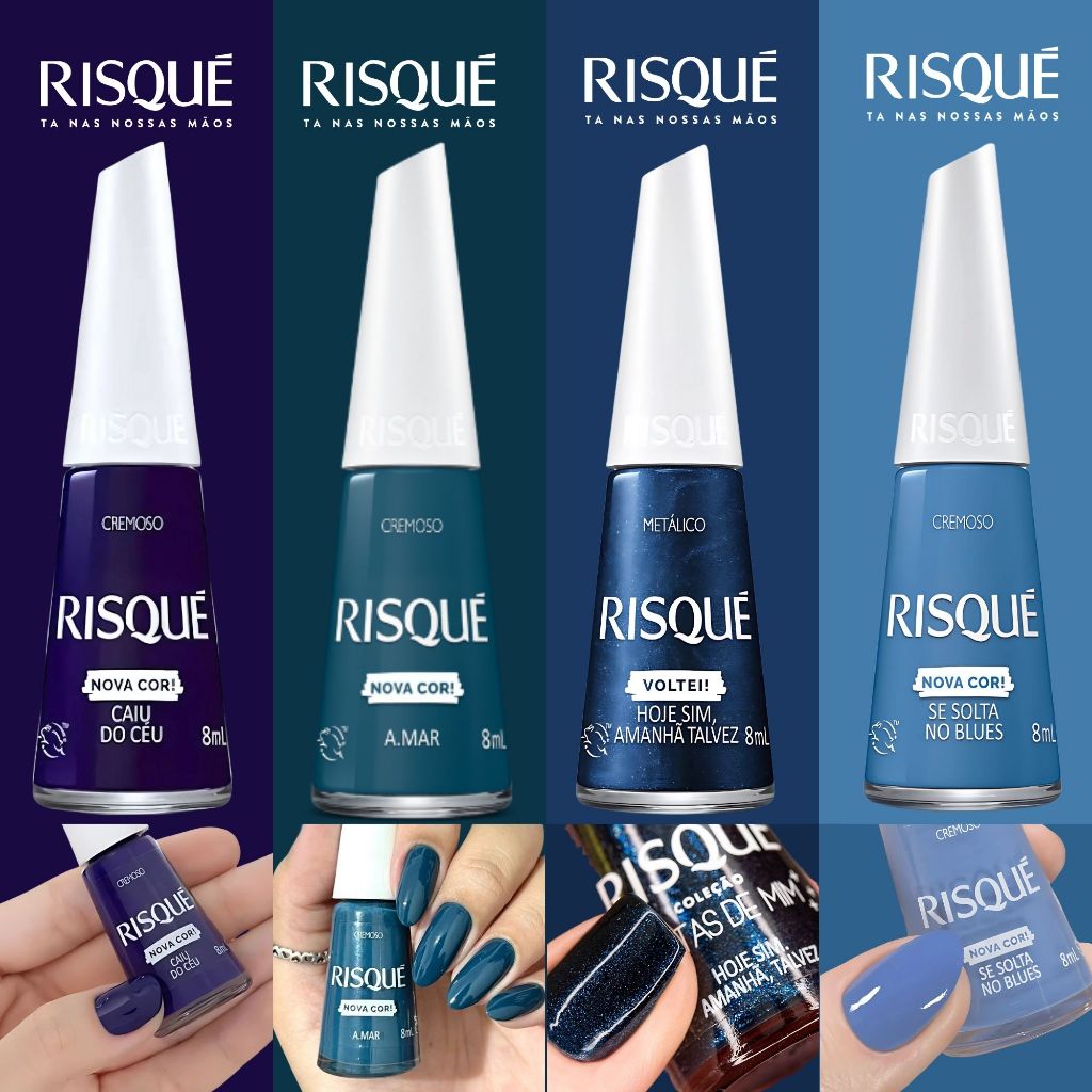 Kit 4 Esmalte Risqué Tons Azul Cremoso Metálico Nova Coleção Risqué Esmalte Atacado