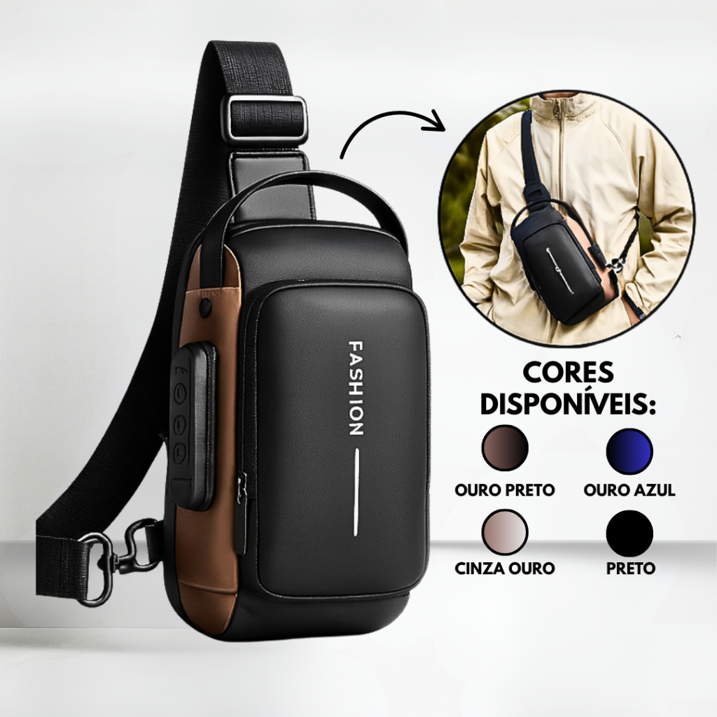 Bolsa de Peito Transversal Masculina Crossbody Ombro Cadeado Senha Entrada para Carregamento USB Antifurto Impermeavel