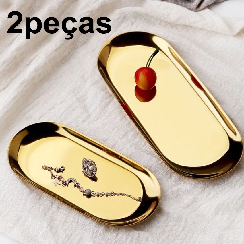 Kit 2 Bandeja Aco Inoxidavel Luxo Decorativa para Jóias Alimentos Dourado