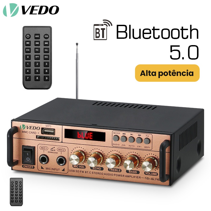 VEDO Amplificador de Áudio Digital Bluetooth VD-AK198E 300w*2 Bass 110-240V com FM USB SD Hifi Para Home Cinema Karaoke