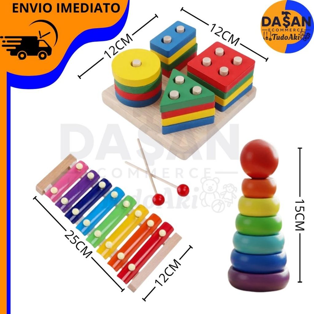 Brinquedo Montessori de Madeira – Torre de Encaixe e Xilofone Sensorial Didático