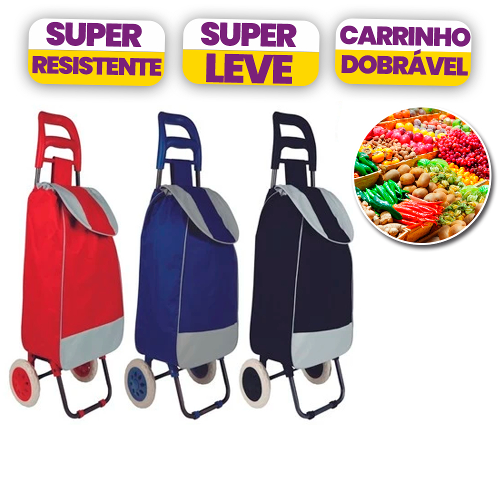 Carrinho de Compras Feira Dobrável com Sacola Espaçosa e Rodas Leves 4 Cores
