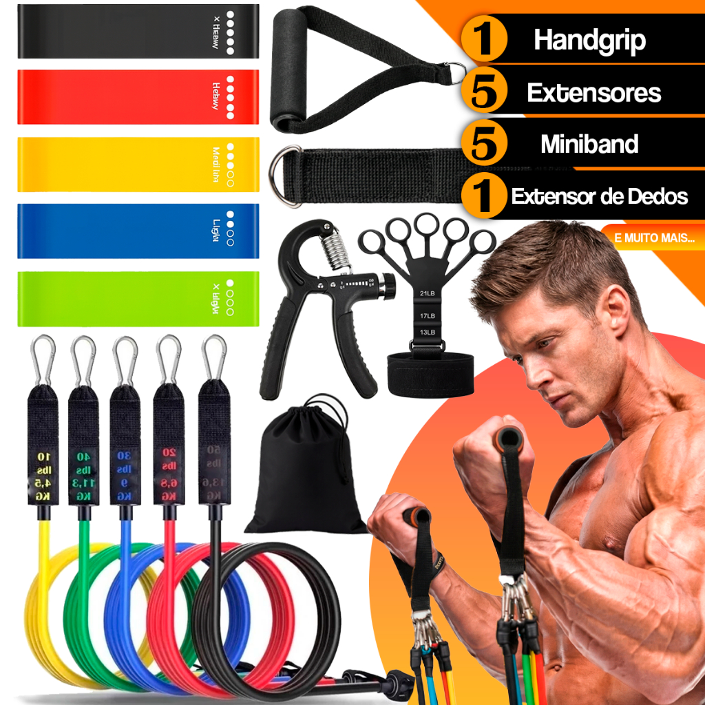 Kit Treino Em Casa 11 Extensor Elástico + Kit 5 Mini Band + Extensor dedos + Hand grip