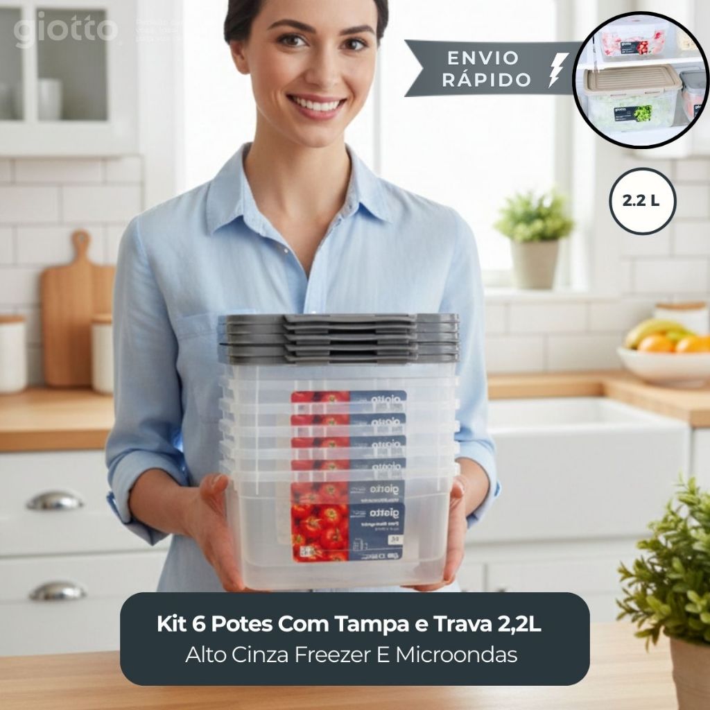 Kit 6 Potes Com Tampa e Trava 2,2L Alto Cinza Freezer E Microondas Marmitas Fitness Giotto