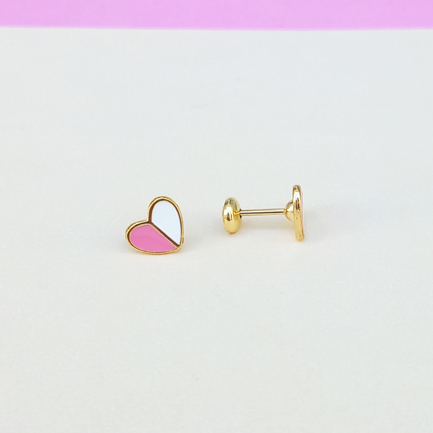 Brinco Infantil Tarraxa Baby Coração Rosa e Branco - Banho Ouro 18k Antialérgico