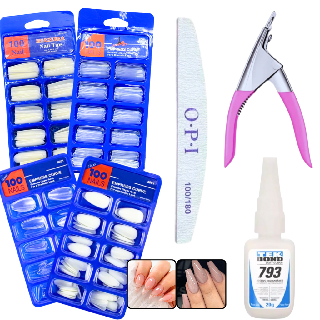 Kit Completo Alongamento de Unha - Unha Postiça Amendoada ou Bailarina + Alicate +  Tek Bond + Lixa