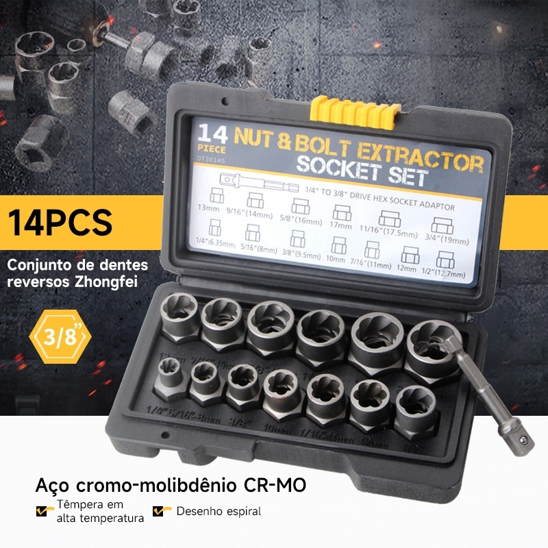 Conjunto Extrator De Porca De Parafuso De Impacto De Unidade De 14 Peças Lug 3/8 Polegadas Kit Removedor Aço De Ferramen