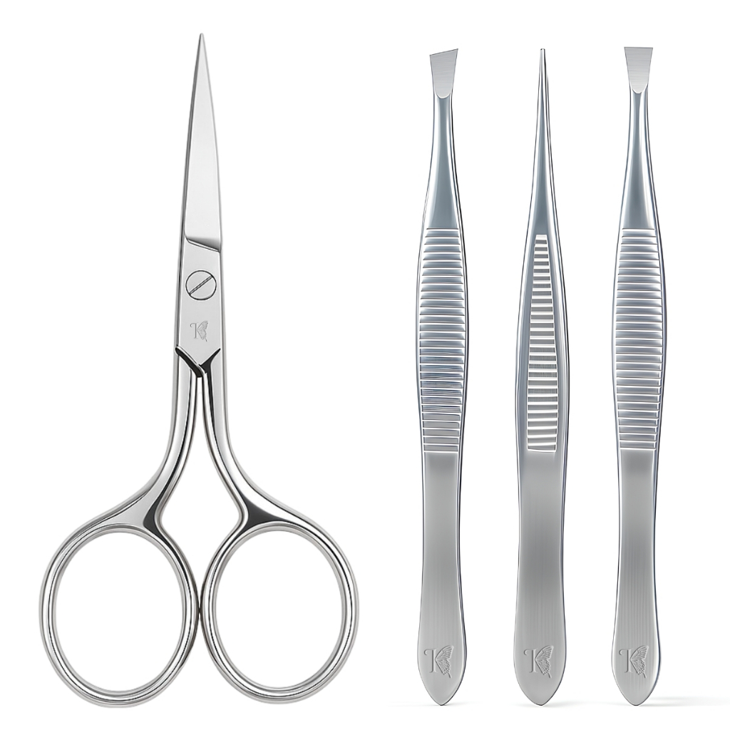 Kit Pinça Dourada Premium Reta Chanfrada Fina + Tesoura Reta ou Curva Profissional Sobrancelha