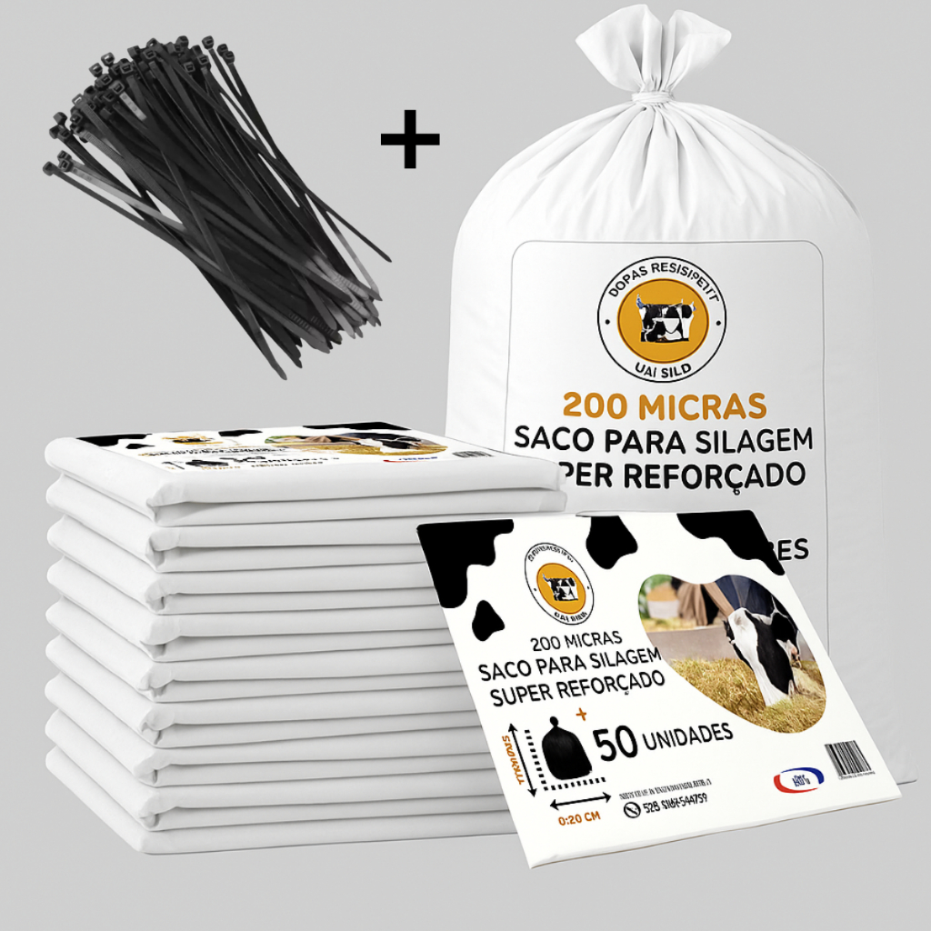 Saco Para Silagem 200 Micras 100 Unidades + 100 Abraçadeiras Reforçado Agro 52x110