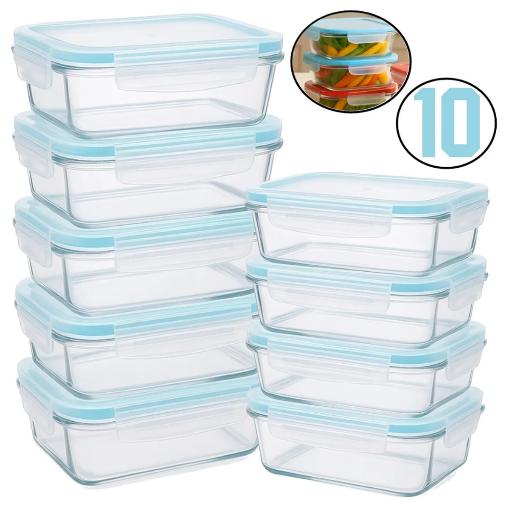 Potes 370ml Vidro Hermético Marmita Fitness Com Tampa Quatro Travas Retangular Anti Vazamento Forno Refratário