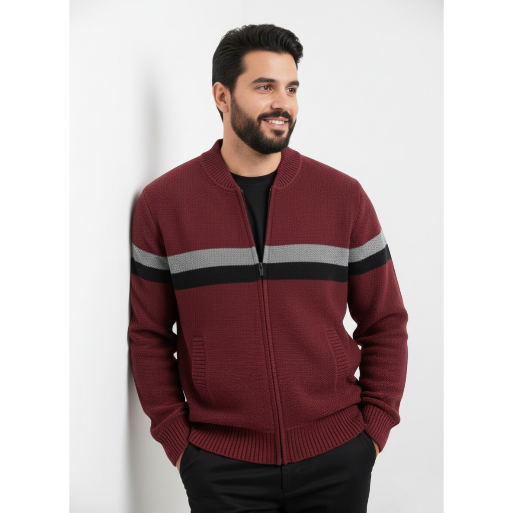 Casaco Masculino Tricô com Zíper Quentinho Frio 100% Poliéster Gola Alta Gola Redonda Inverno