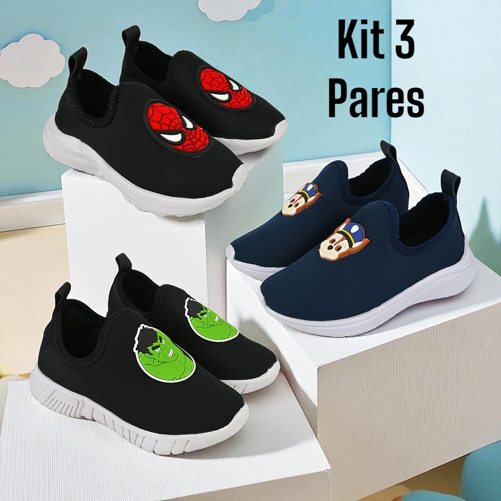 Kit 3 Pares Tênis Infantil Menino Calce Fácil Escolar Volta as Aulas Sapato Conforto Antiderrapante