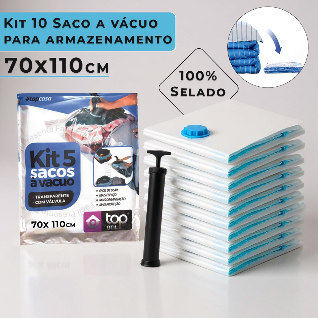 Kit Saco à Vácuo 70X110 Com ou Sem Bomba Organizador Hermético Guarda Roupa Organização Mala Edredom