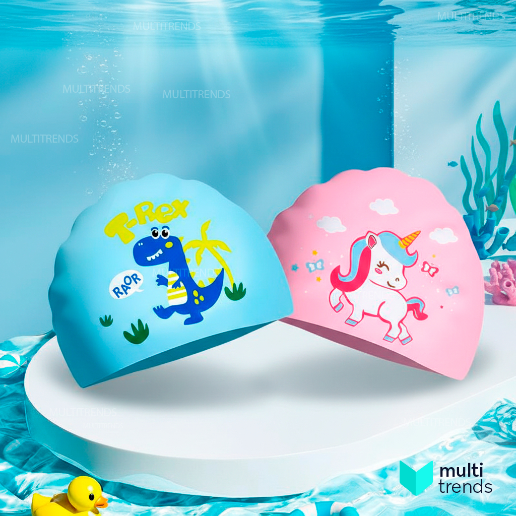 Touca de Natação Infantil de Silicone - Dinossauro (Azul) / Unicórnio (Rosa) - Proteção e Diversão para Crianças