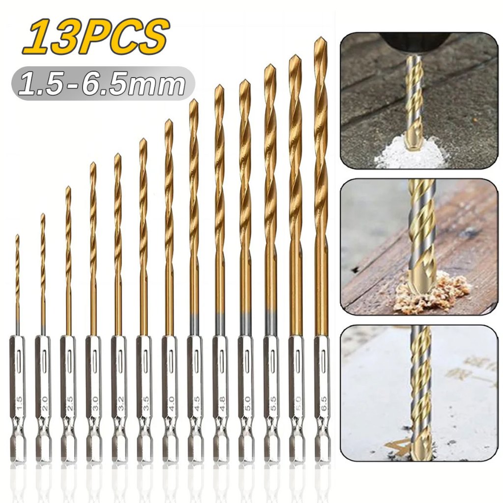 13PCS Brocas para furadeira Hexagonais Titânio HSS Troca para Madeira Plástico Metal