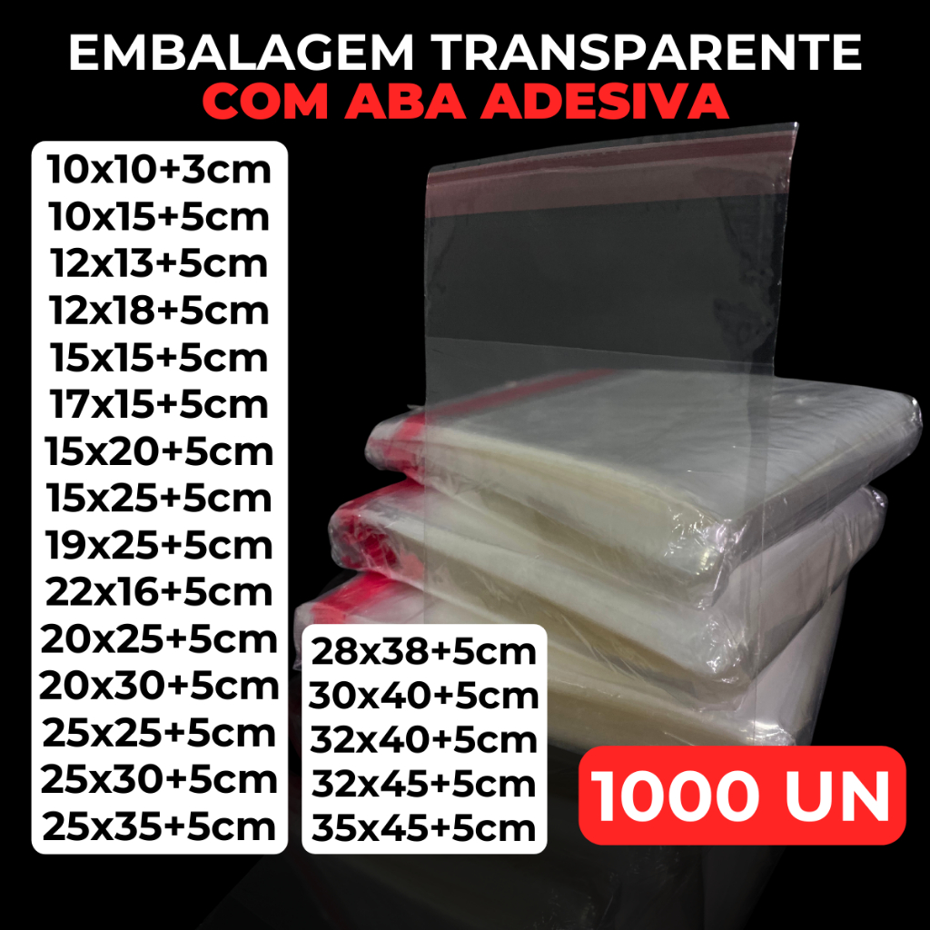 1000un Saco Saquinhos Plástico PP Adesivado Transparente C/ Aba Embalagem Abre e Fecha Varias Medida